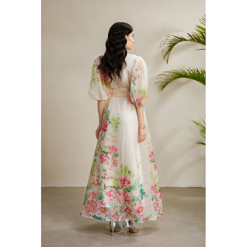 Vacation stereoscopic printing long V-neck autumn dress