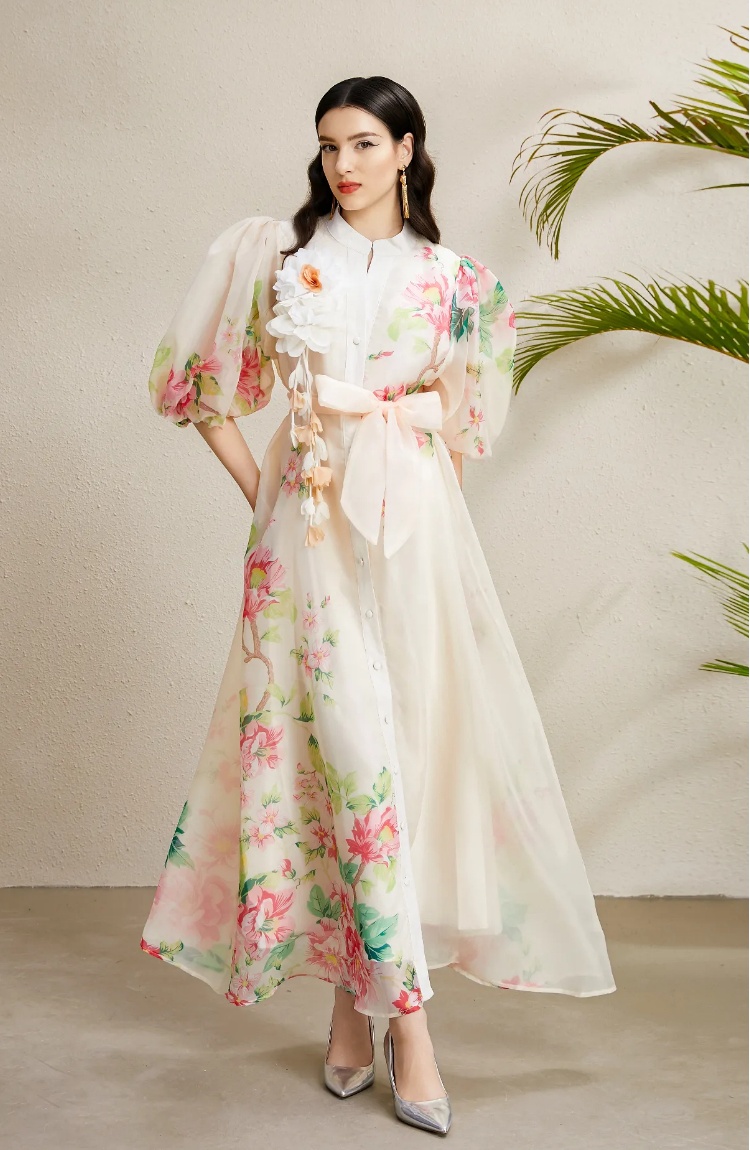 Vacation stereoscopic printing long V-neck autumn dress