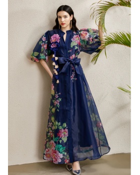 Autumn flowers long vacation puff sleeve stereoscopic dress