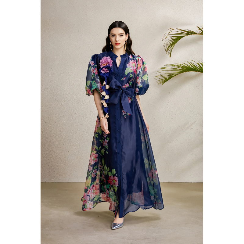 Autumn flowers long vacation puff sleeve stereoscopic dress