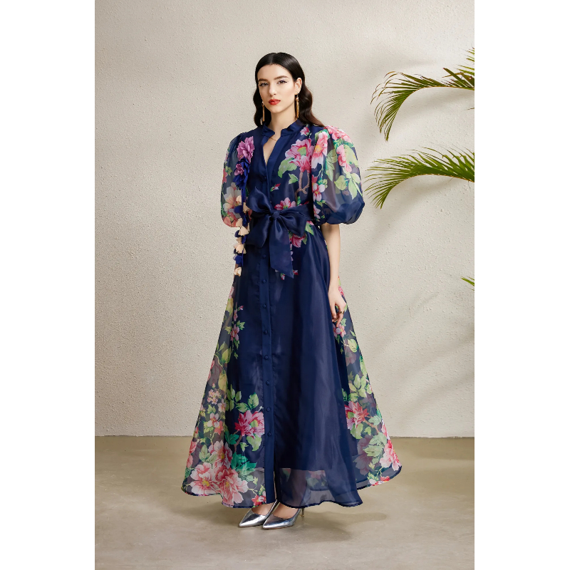 Autumn flowers long vacation puff sleeve stereoscopic dress