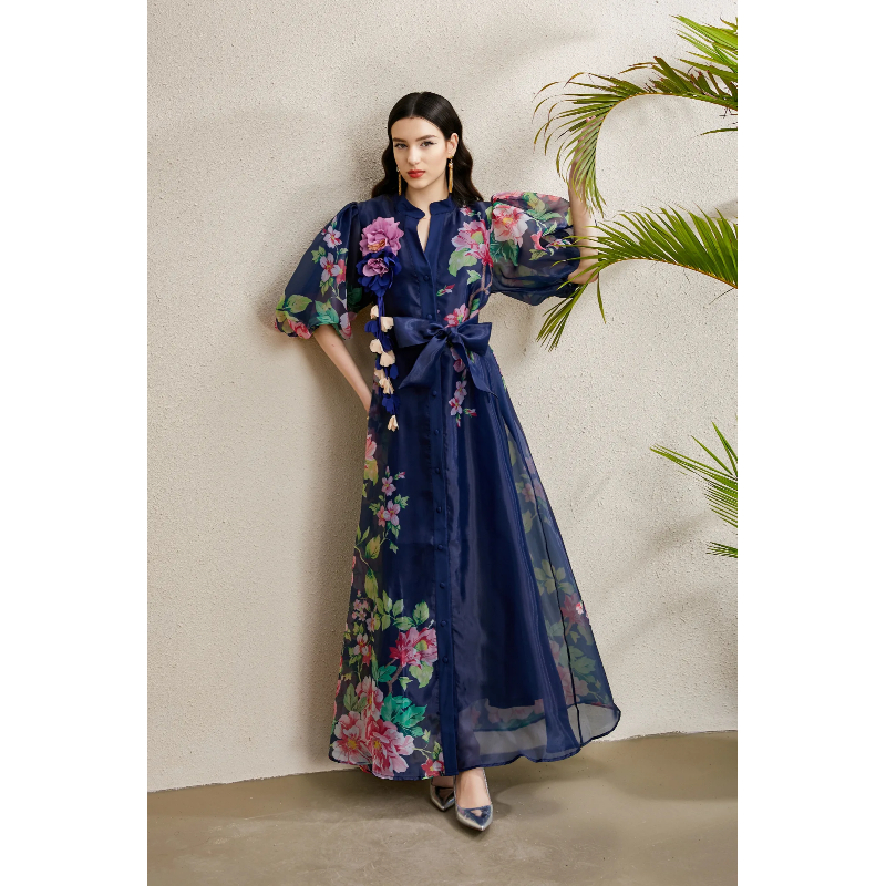 Autumn flowers long vacation puff sleeve stereoscopic dress