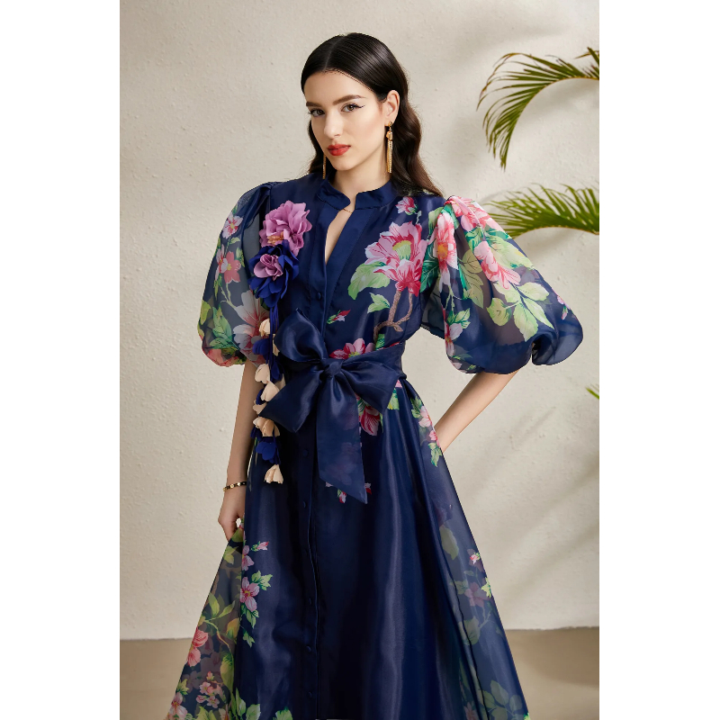 Autumn flowers long vacation puff sleeve stereoscopic dress