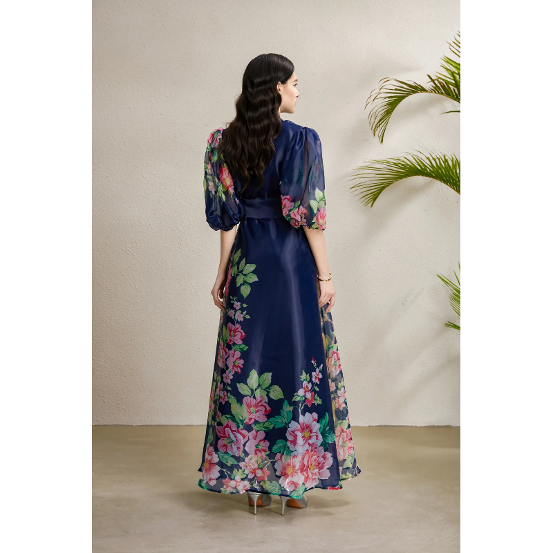Autumn flowers long vacation puff sleeve stereoscopic dress