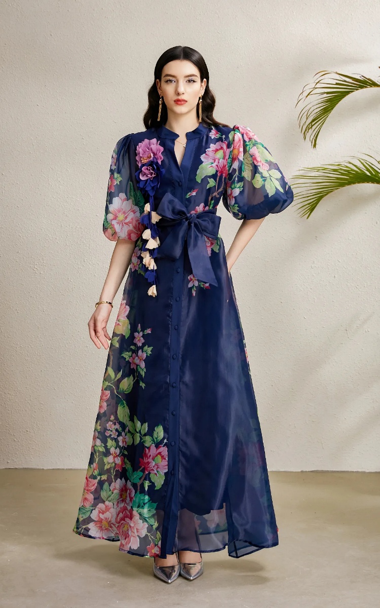 Autumn flowers long vacation puff sleeve stereoscopic dress