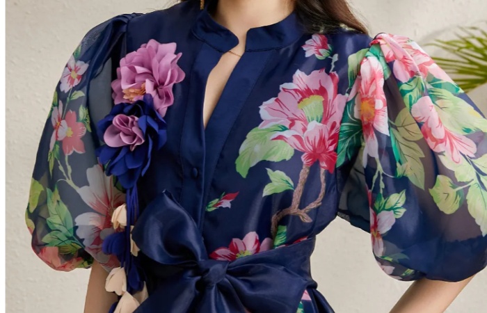 Autumn flowers long vacation puff sleeve stereoscopic dress