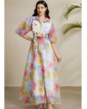 Lapel vacation puff sleeve flowers stereoscopic autumn dress
