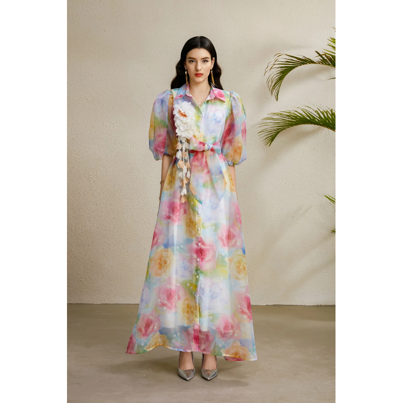 Lapel vacation puff sleeve flowers stereoscopic autumn dress