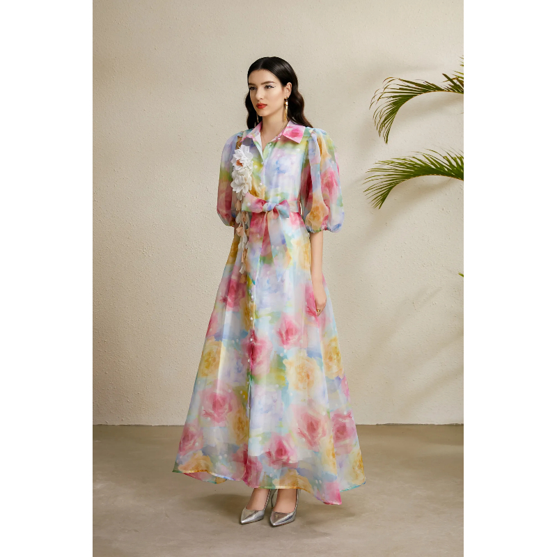 Lapel vacation puff sleeve flowers stereoscopic autumn dress