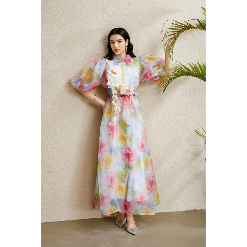 Lapel vacation puff sleeve flowers stereoscopic autumn dress