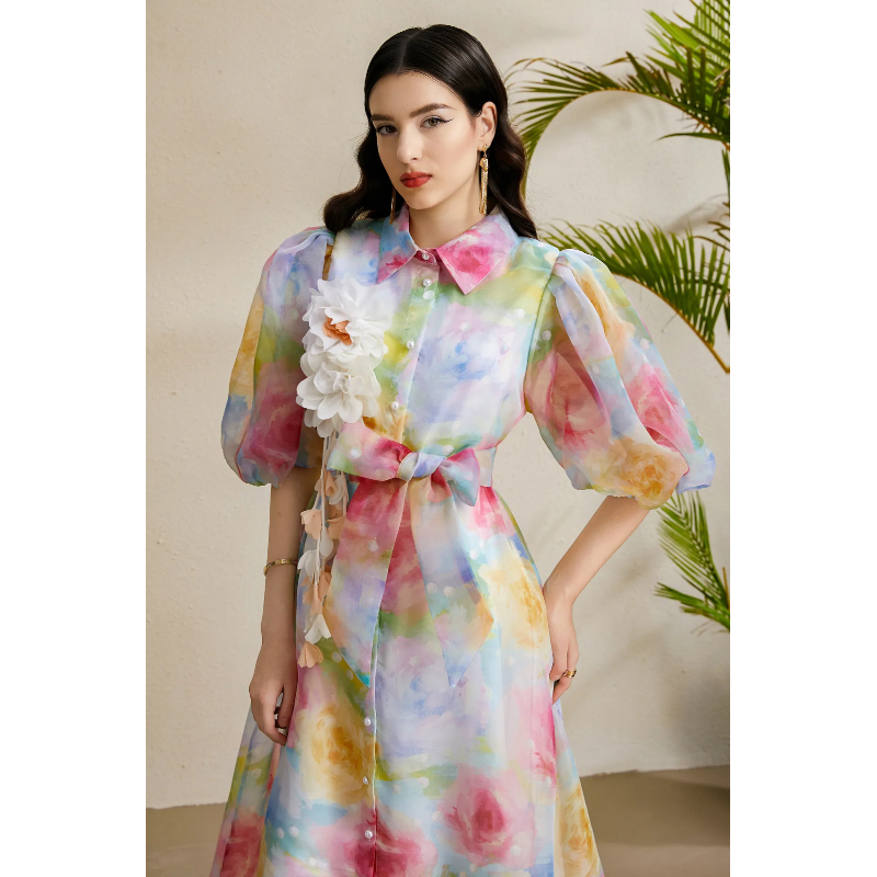 Lapel vacation puff sleeve flowers stereoscopic autumn dress