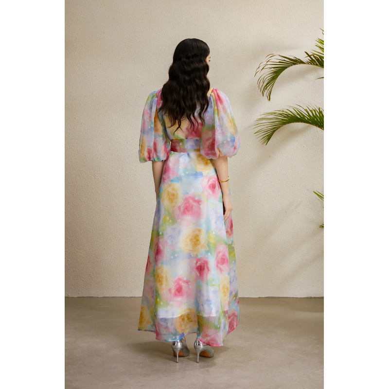 Lapel vacation puff sleeve flowers stereoscopic autumn dress
