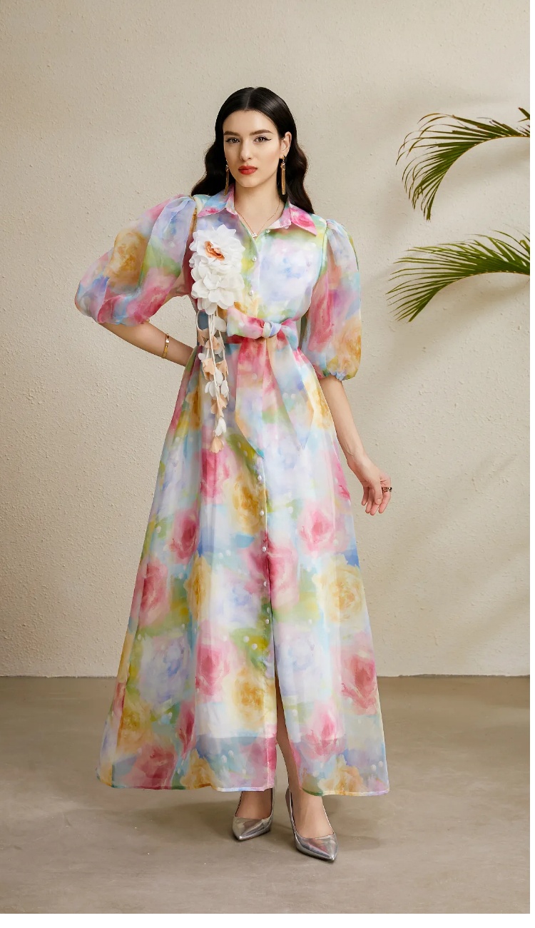 Lapel vacation puff sleeve flowers stereoscopic autumn dress