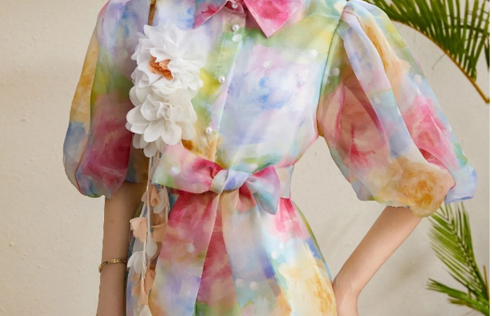Lapel vacation puff sleeve flowers stereoscopic autumn dress