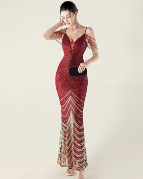 Colors gradient V-neck clipping sequins evening dress