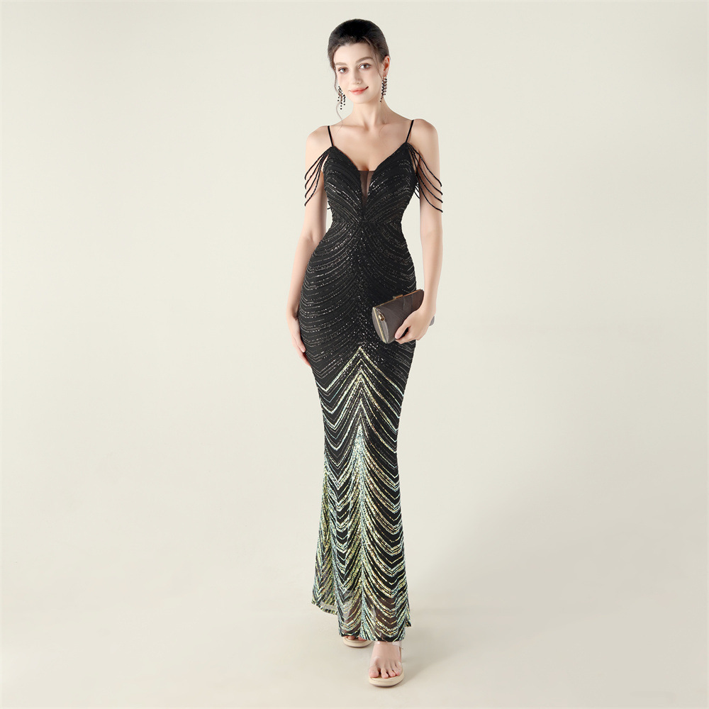 Colors gradient V-neck clipping sequins evening dress