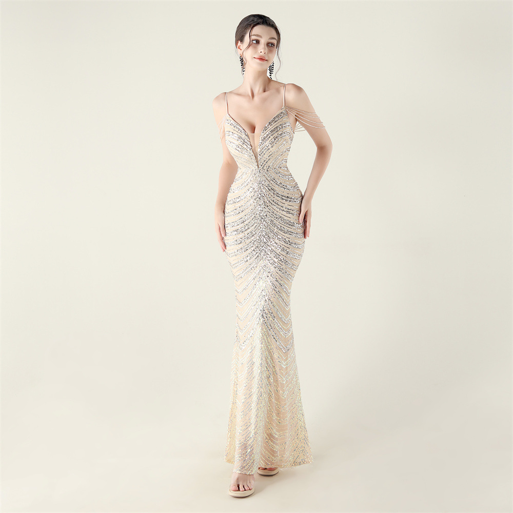 Colors gradient V-neck clipping sequins evening dress