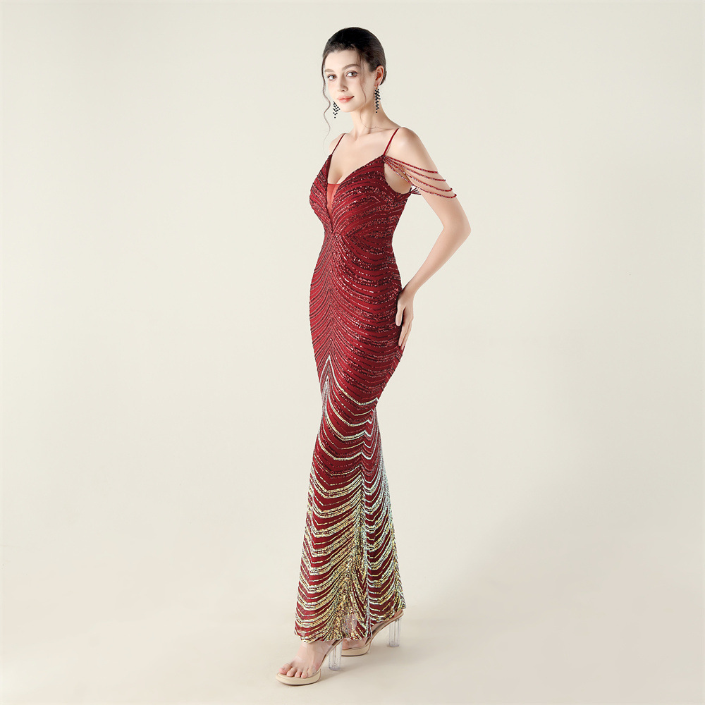 Colors gradient V-neck clipping sequins evening dress