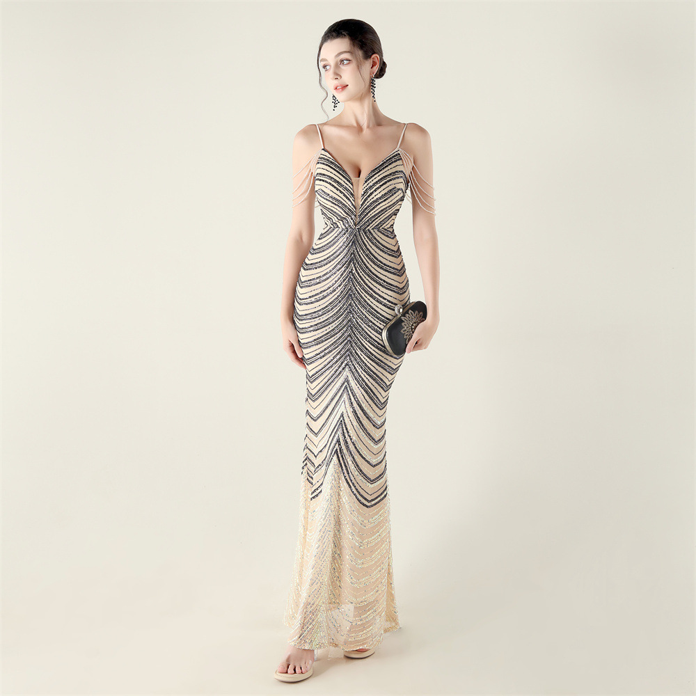 Colors gradient V-neck clipping sequins evening dress