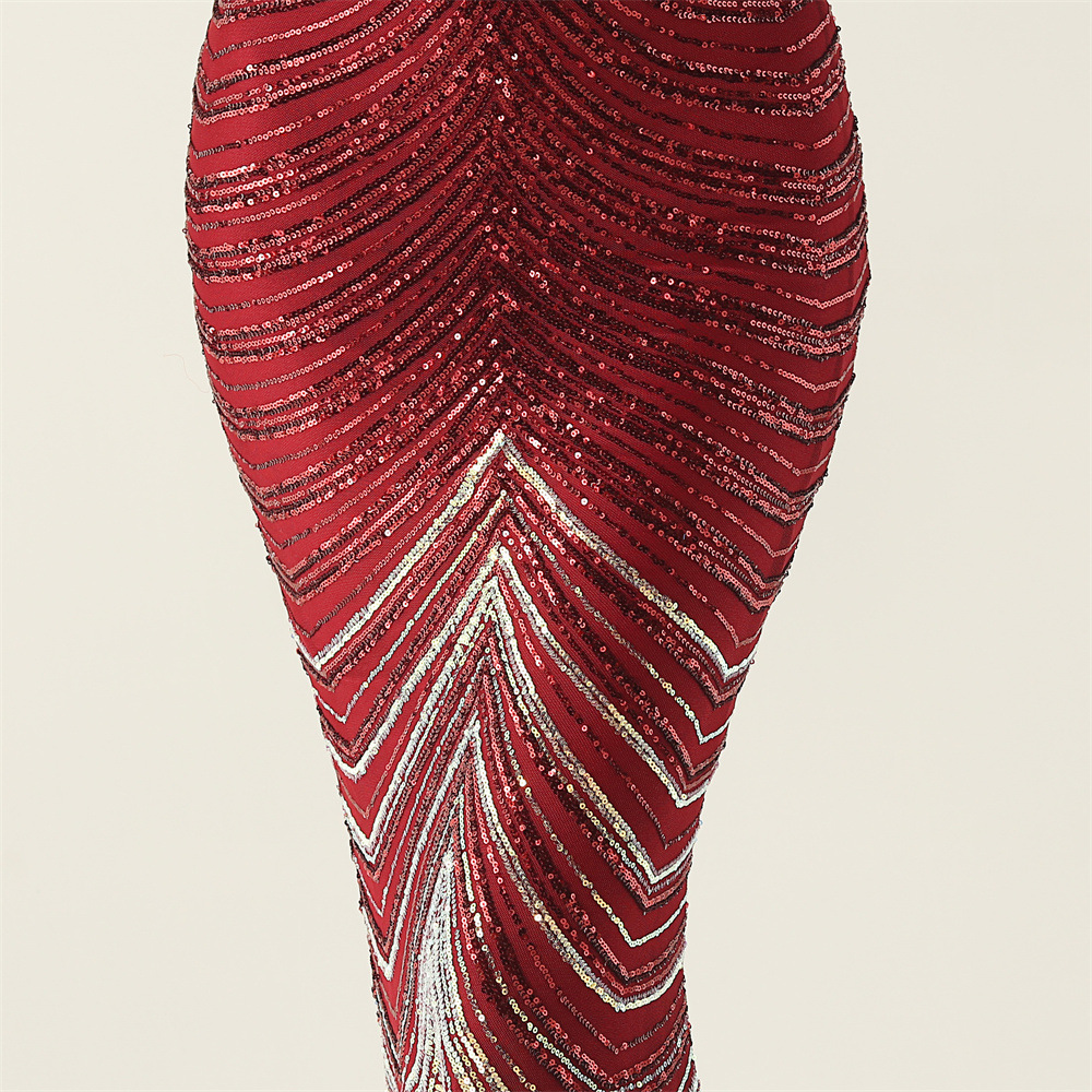 Colors gradient V-neck clipping sequins evening dress