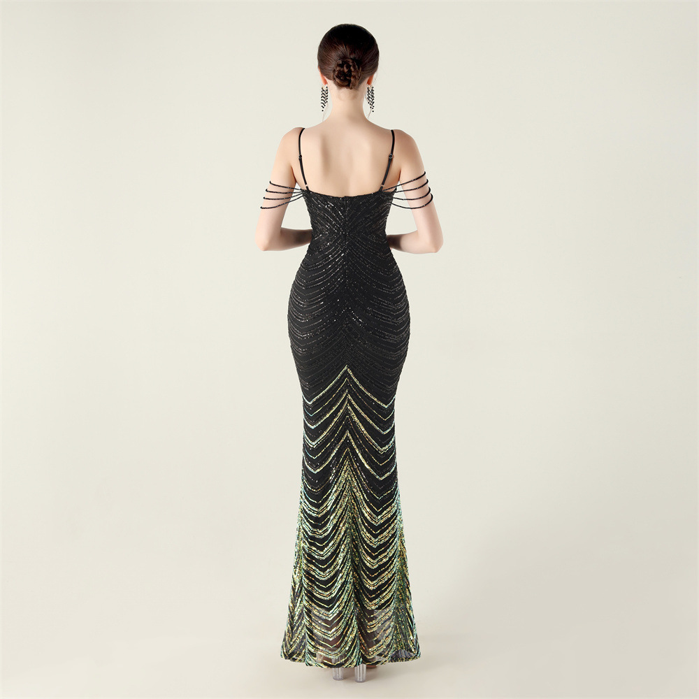 Colors gradient V-neck clipping sequins evening dress
