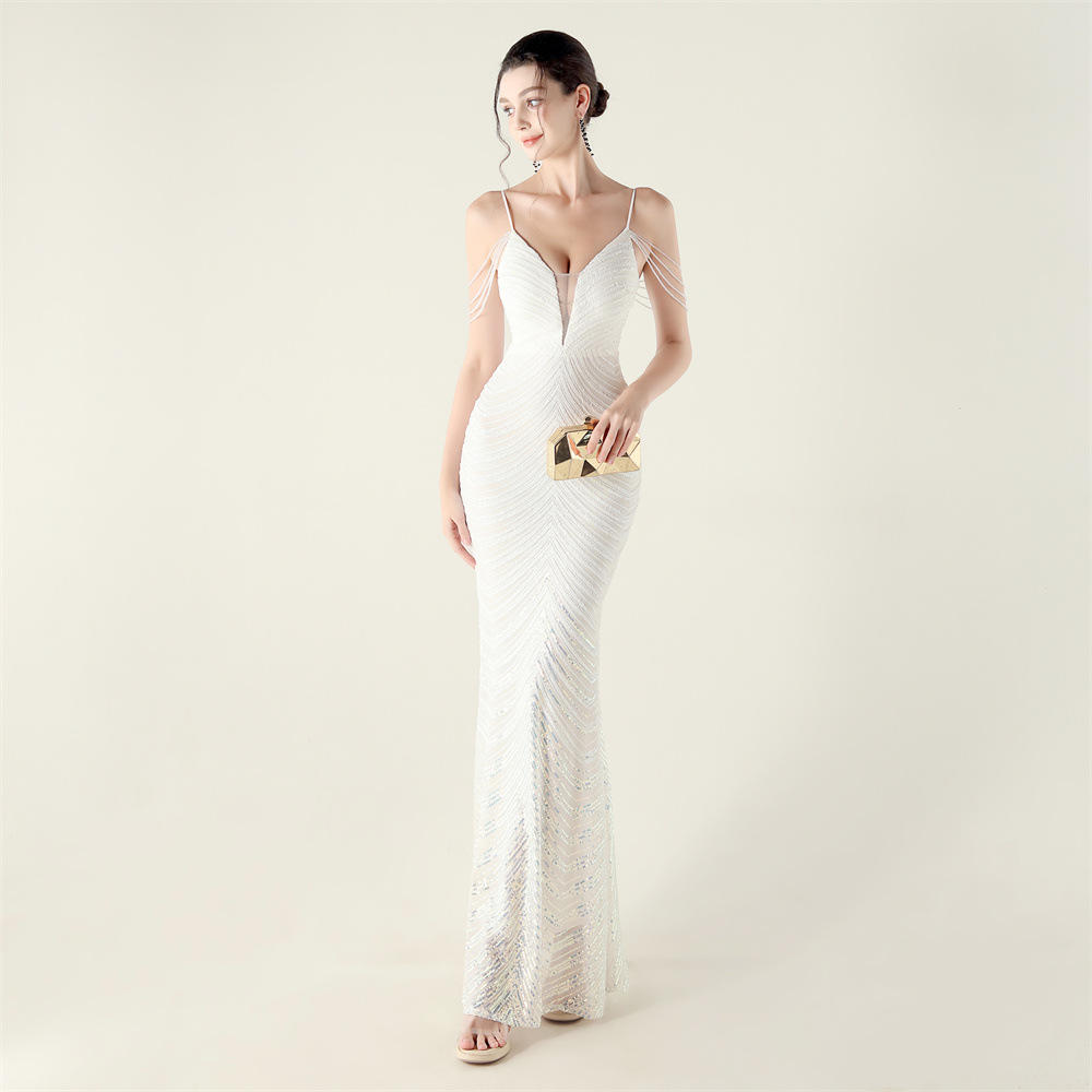 Colors gradient V-neck clipping sequins evening dress