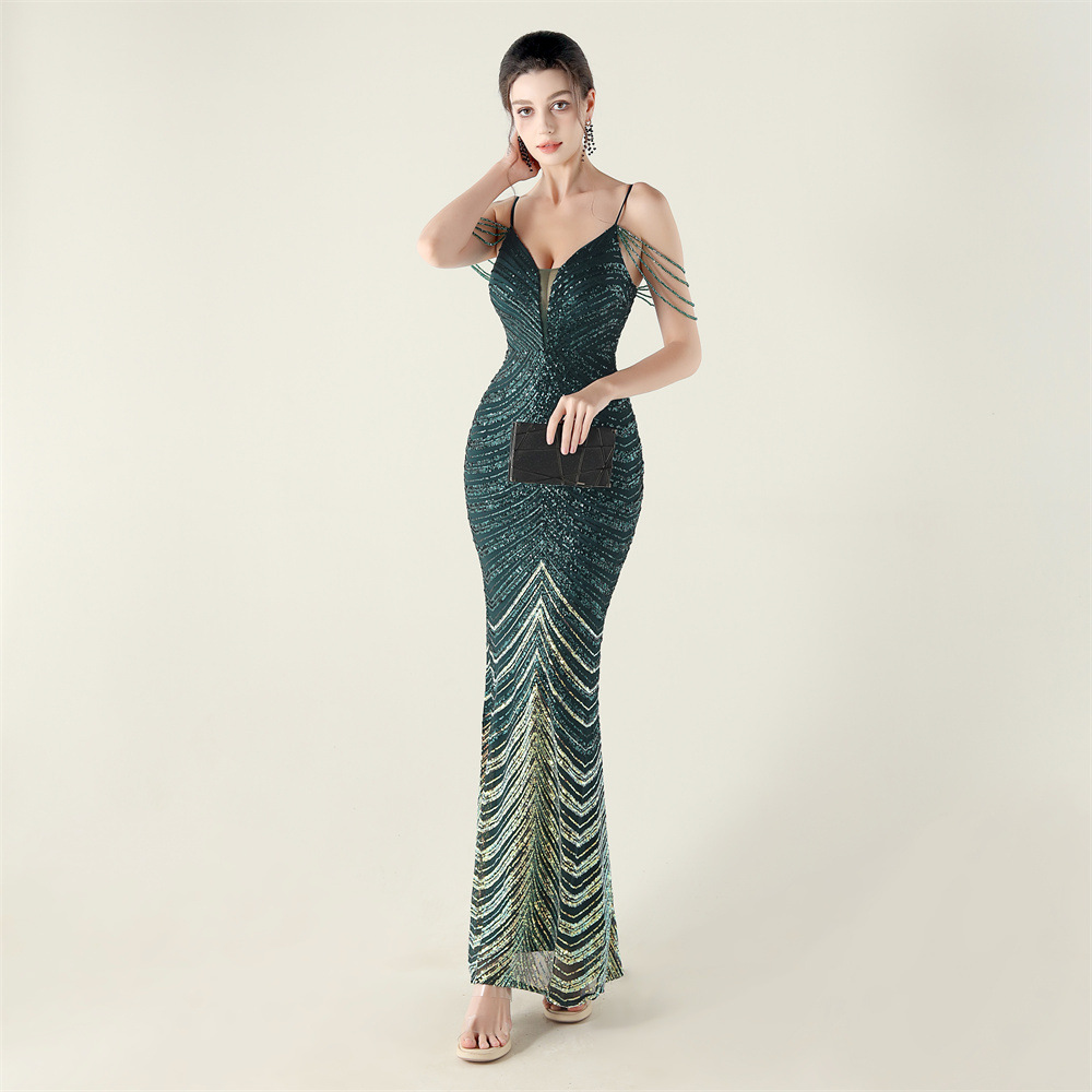 Colors gradient V-neck clipping sequins evening dress