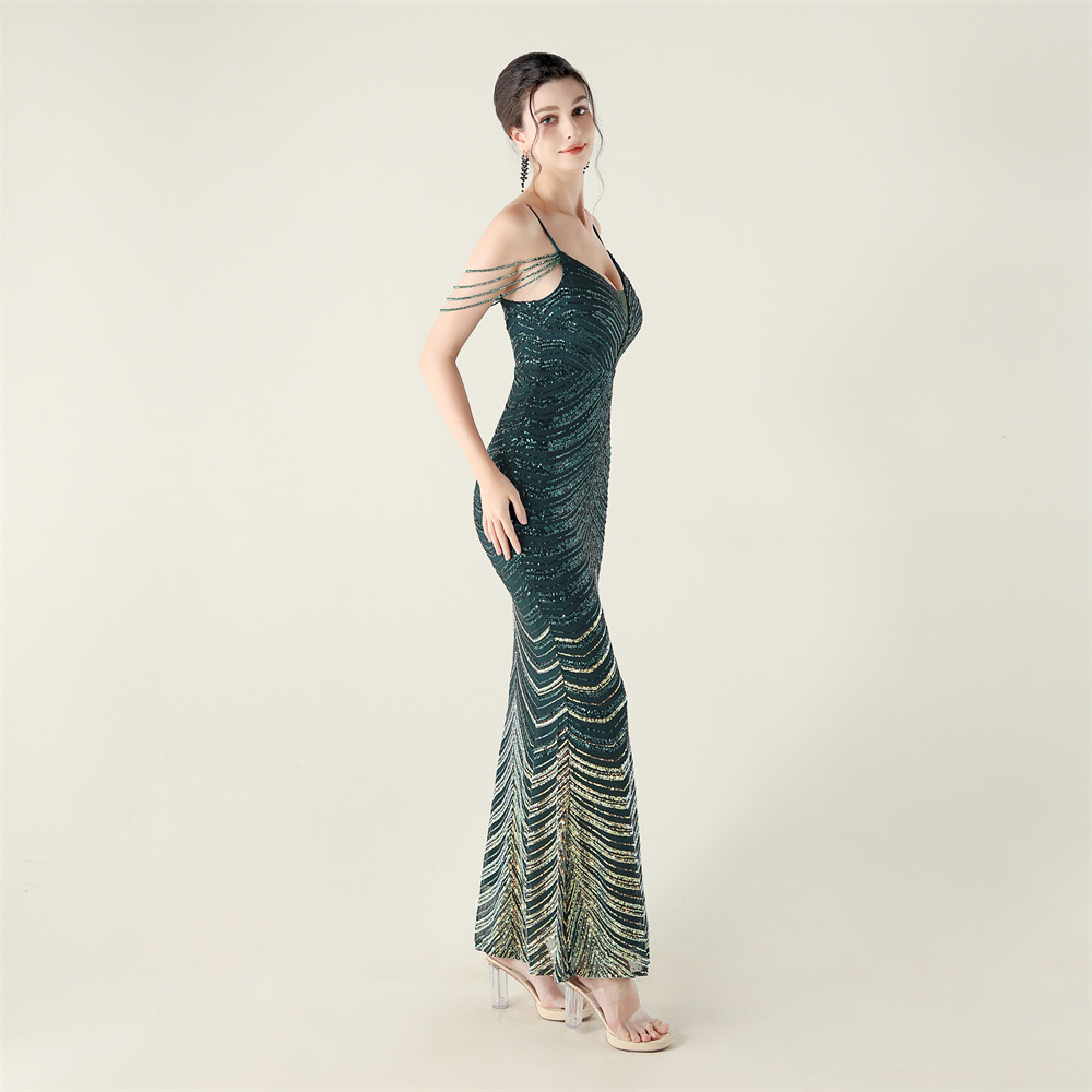 Colors gradient V-neck clipping sequins evening dress