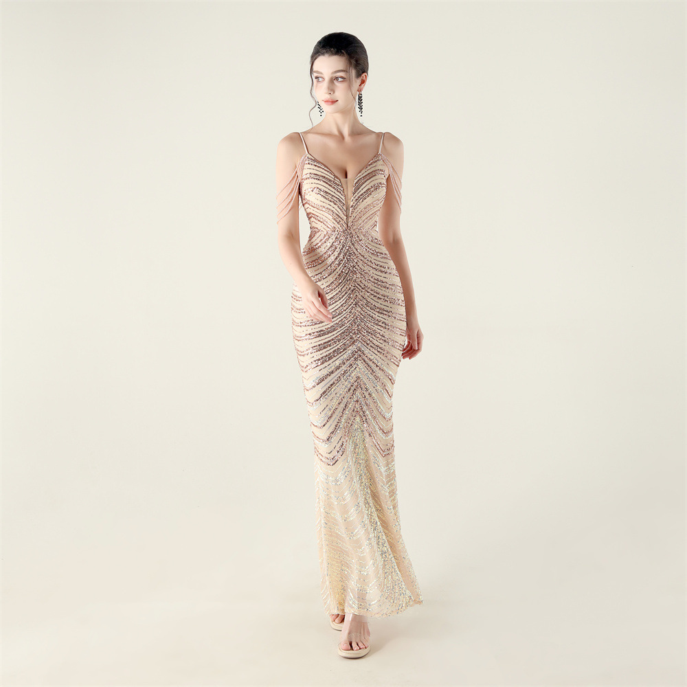Colors gradient V-neck clipping sequins evening dress