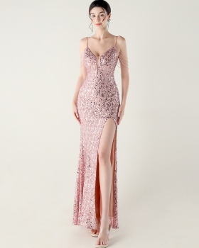 High split sling bandage evening dress banquet slim V-neck dress