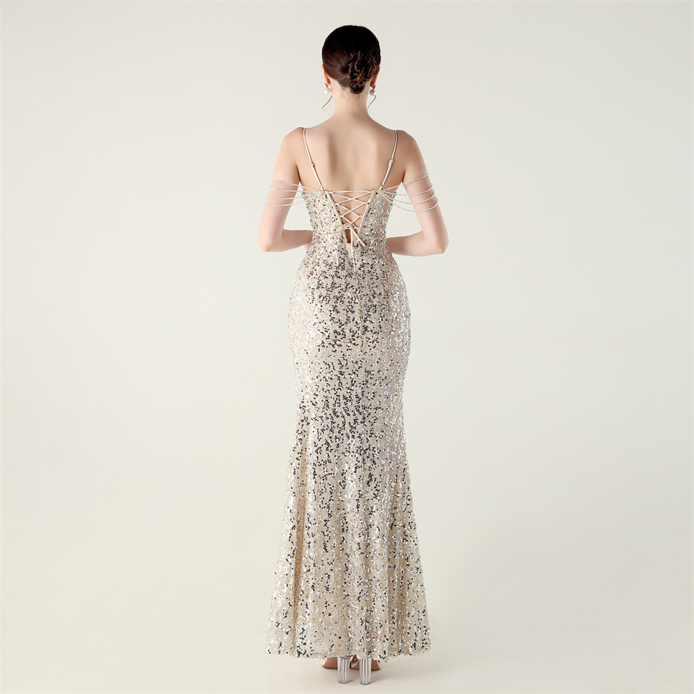 High split sling bandage evening dress banquet slim V-neck dress