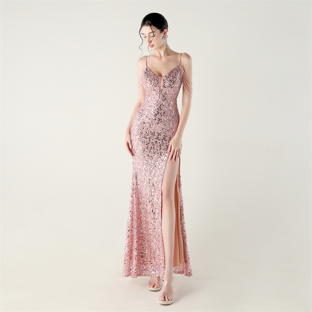 High split sling bandage evening dress banquet slim V-neck dress