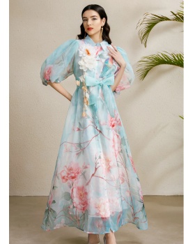 Autumn printing puff sleeve long lapel flowers dress