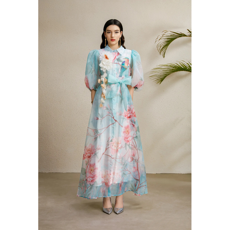 Autumn printing puff sleeve long lapel flowers dress