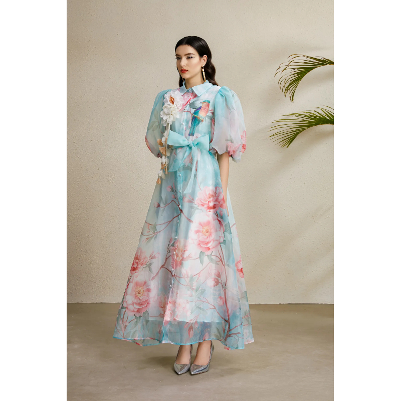 Autumn printing puff sleeve long lapel flowers dress