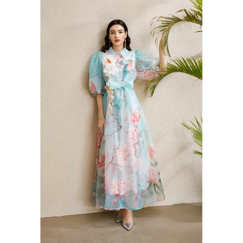 Autumn printing puff sleeve long lapel flowers dress