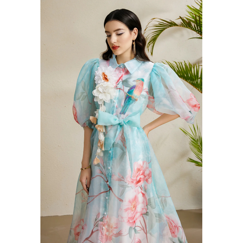 Autumn printing puff sleeve long lapel flowers dress
