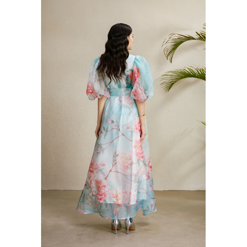 Autumn printing puff sleeve long lapel flowers dress