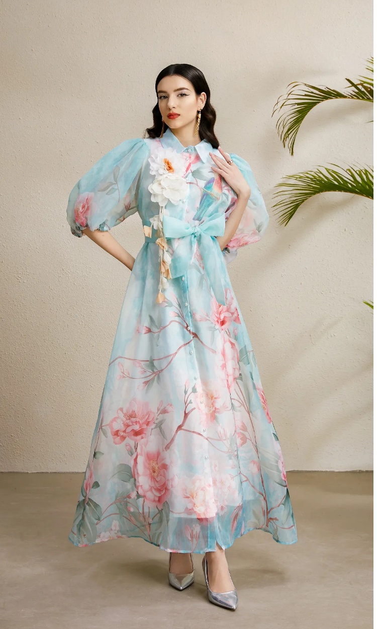 Autumn printing puff sleeve long lapel flowers dress