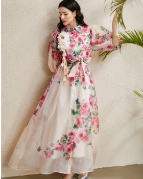 Long printing lapel flowers puff sleeve stereoscopic autumn dress