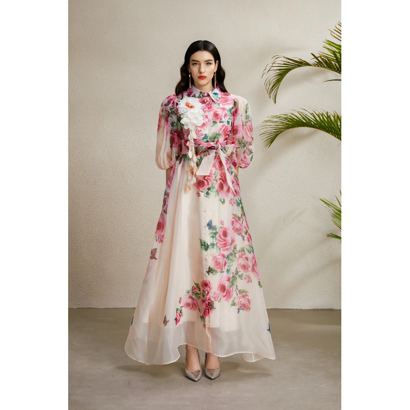 Long printing lapel flowers puff sleeve stereoscopic autumn dress