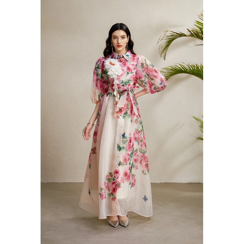 Long printing lapel flowers puff sleeve stereoscopic autumn dress