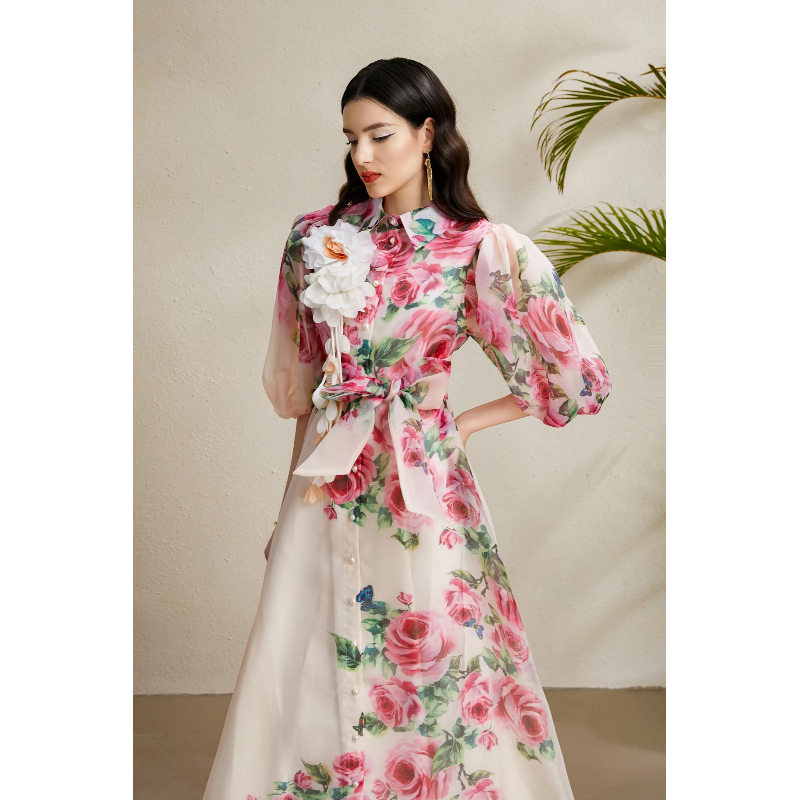 Long printing lapel flowers puff sleeve stereoscopic autumn dress