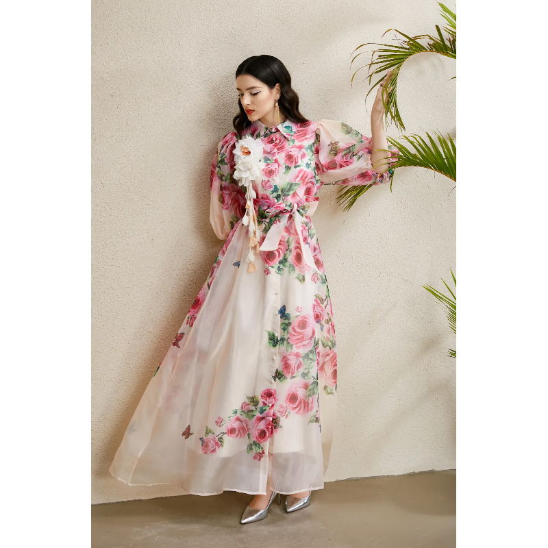 Long printing lapel flowers puff sleeve stereoscopic autumn dress