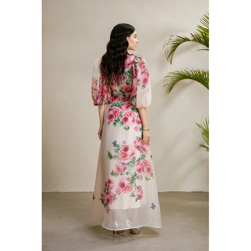 Long printing lapel flowers puff sleeve stereoscopic autumn dress