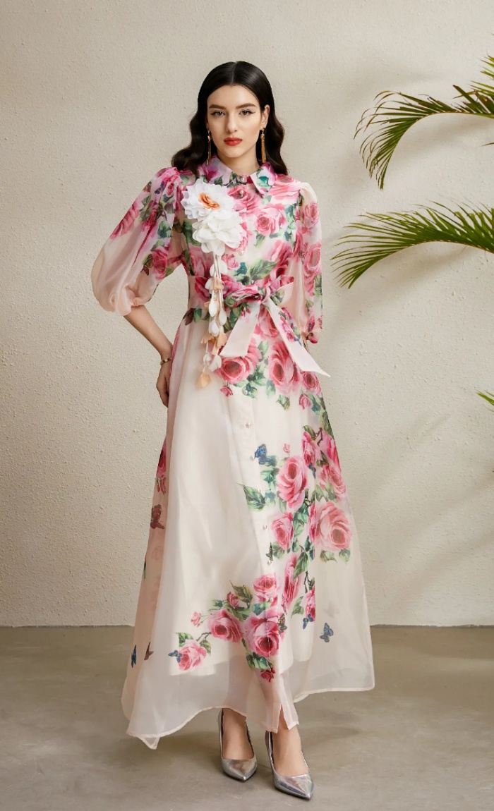 Long printing lapel flowers puff sleeve stereoscopic autumn dress
