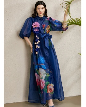 Flowers printing long autumn stereoscopic vacation dress
