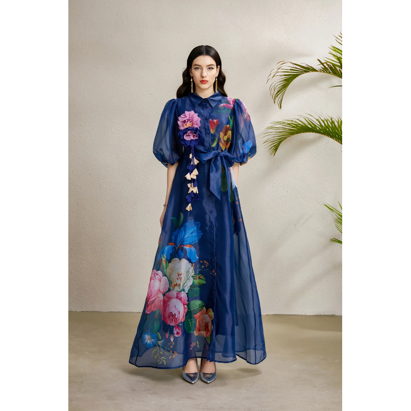 Flowers printing long autumn stereoscopic vacation dress