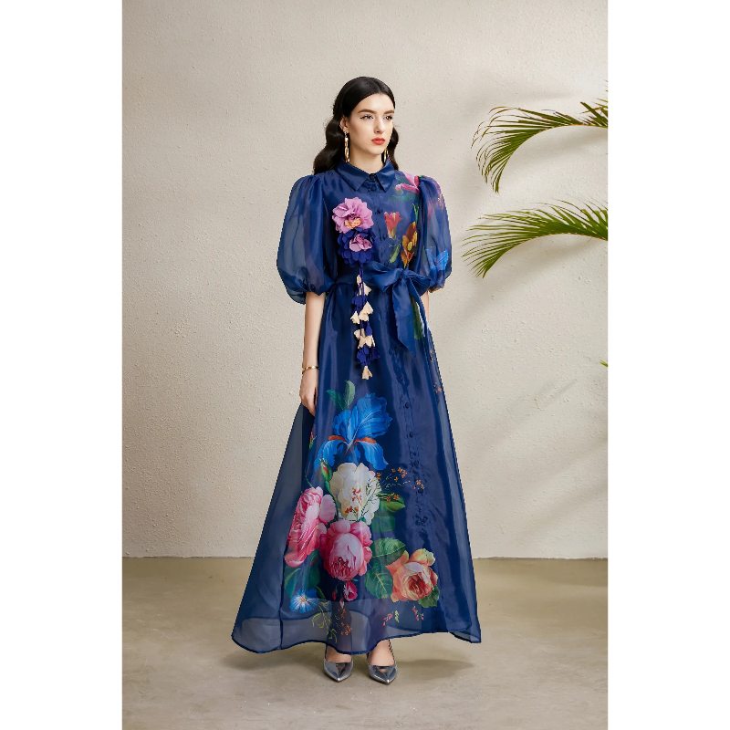 Flowers printing long autumn stereoscopic vacation dress