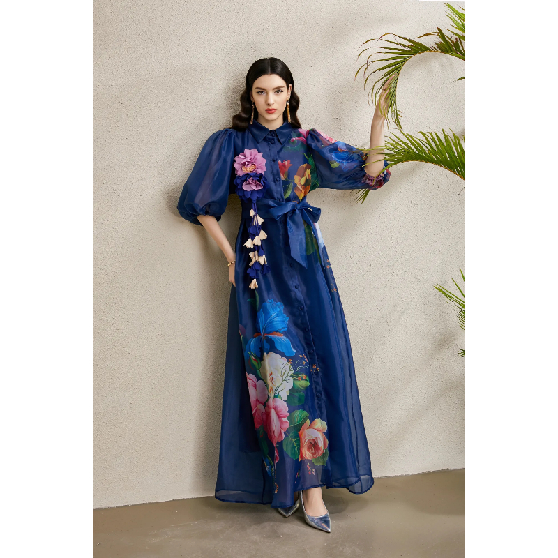Flowers printing long autumn stereoscopic vacation dress